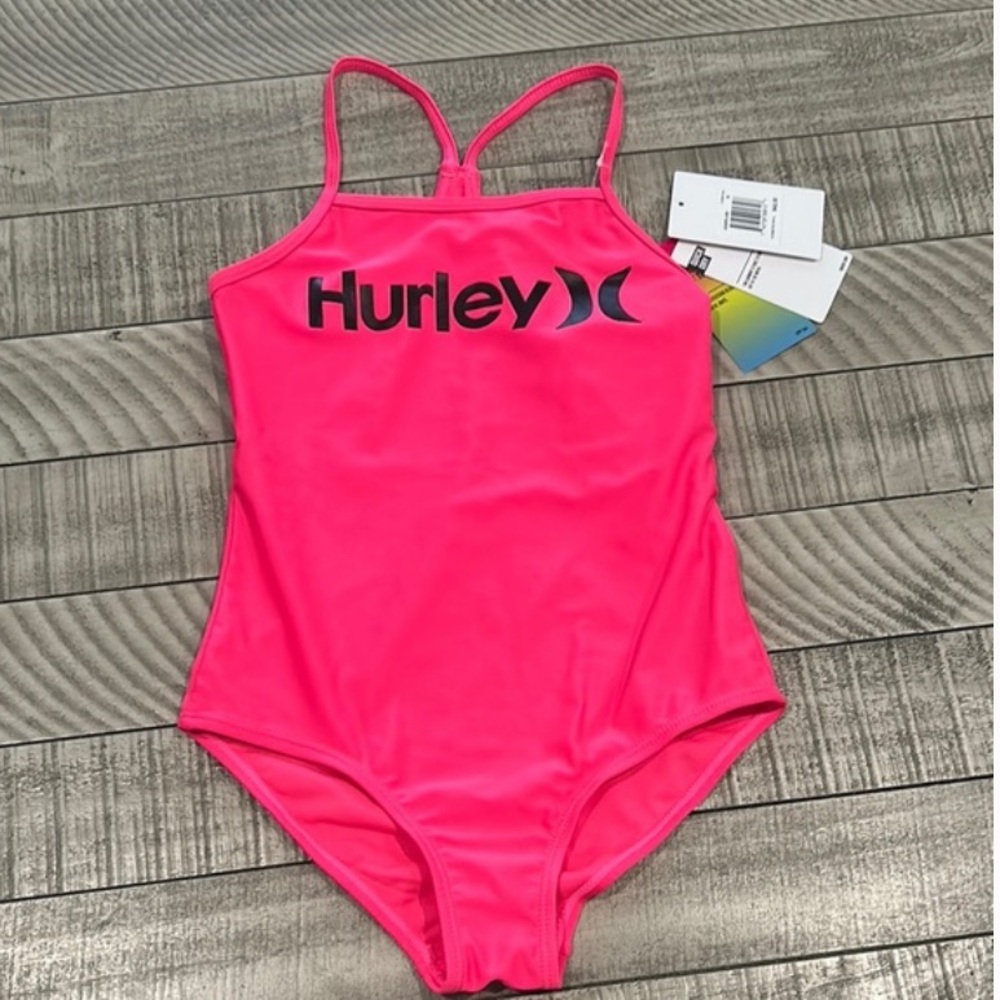 * NWT Hurley Girls’ UPF 50+ neon pink swim one piece size L (12-14)